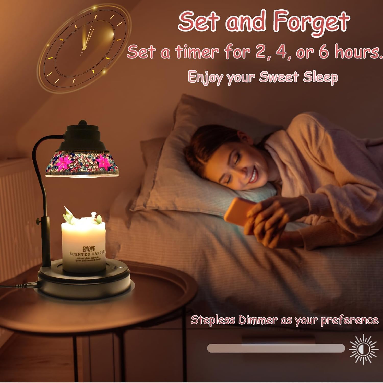 Electric Candle Warmer Lamp with Colorful Diamond Lampshade, Metal Wax Melting Lattern with Timer and Dimmer, Adjustable Height Candle Melting Lamp Home Decor (Black Purple)