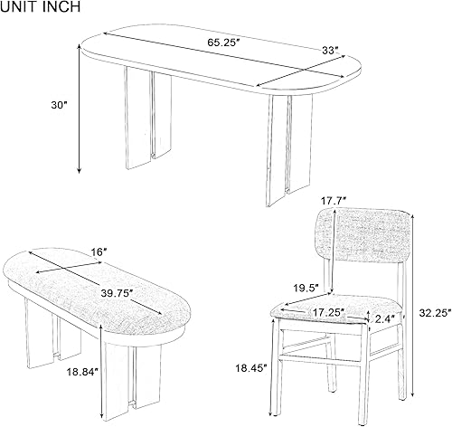 Miniatura 2 de Juego de mesa de comedor de 6 piezas, mesa de comedor de madera y 4 sillas y banco tapizados con esquinas lisas, juego de comedor para 6 personas