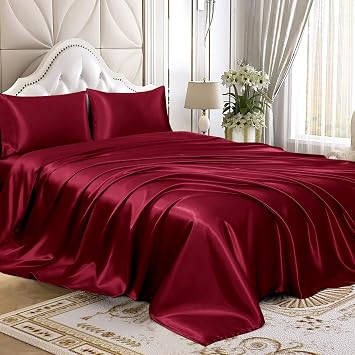 100% Mulberry Silk Sheet Set - 22 Momme Grade 6A, 21 Inch Deep Pocket, Indulgent Sheets for Dreamlike Comfort,Queen-Burgundy