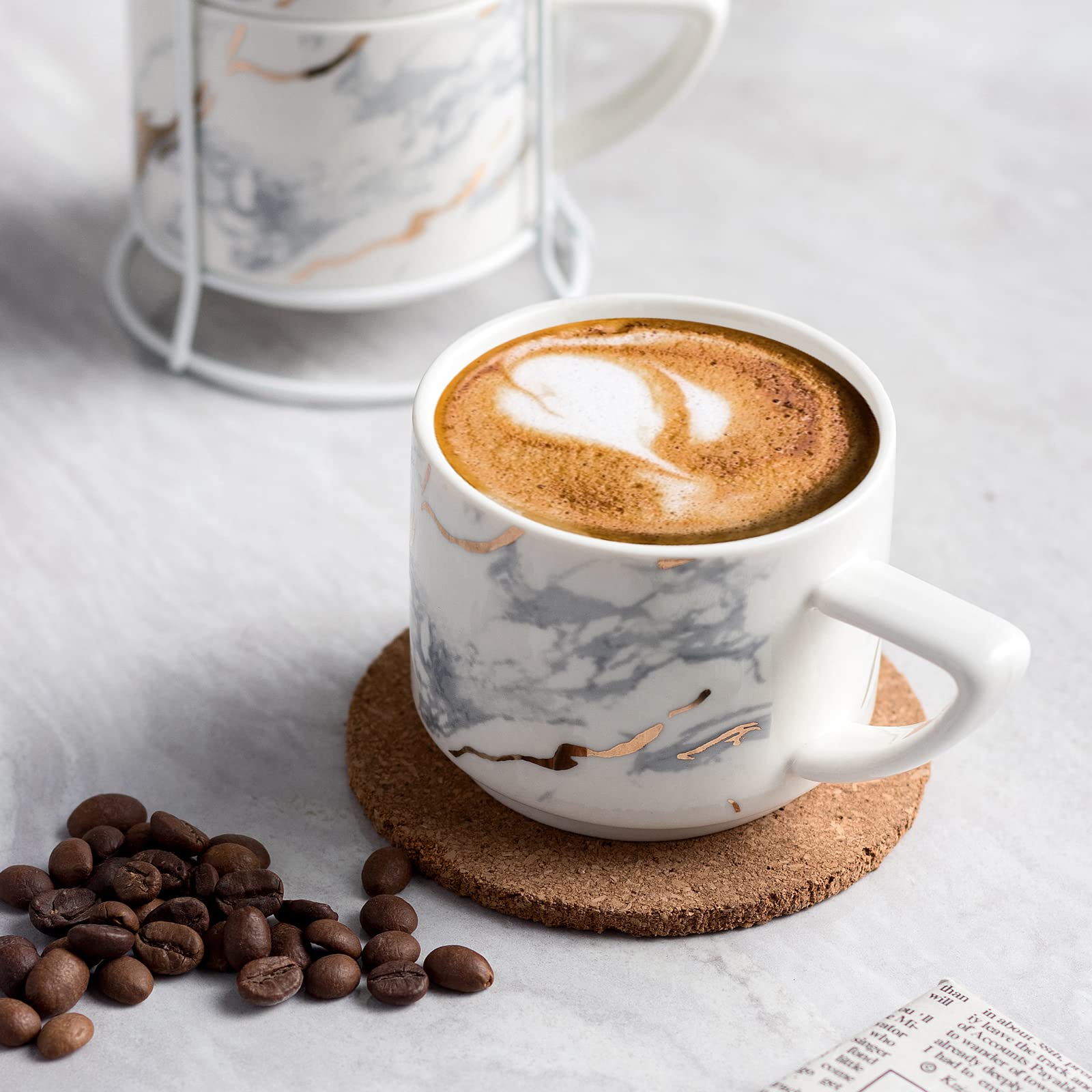 Set di 4 tazze da caffè in ceramica con supporto per tazze da tè, impilabili, 210 ml, colore: bianco