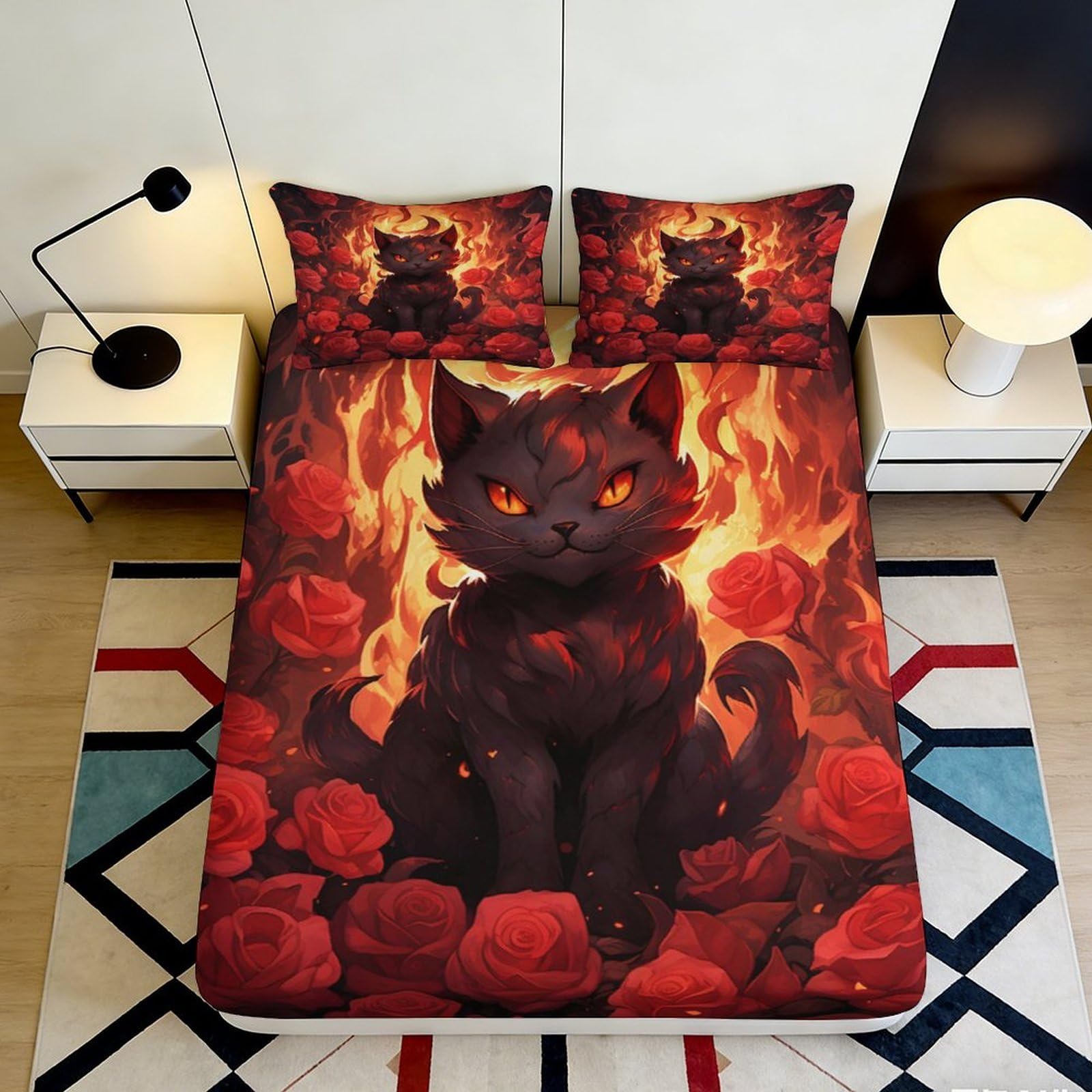3D Printed Fiery Cat Fitted Sheet Microfiber Soft Red Rose Bed Cover for Bedroom Dorm Mattress Protection Decor 90x200x25cm