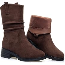 Women's Plush Lined Mid Calf Boots - Winter Warm Suede Pull On Booties with Stacked Chunky Heel, Non-Slip Sole & Wide Width for Casual Comfort