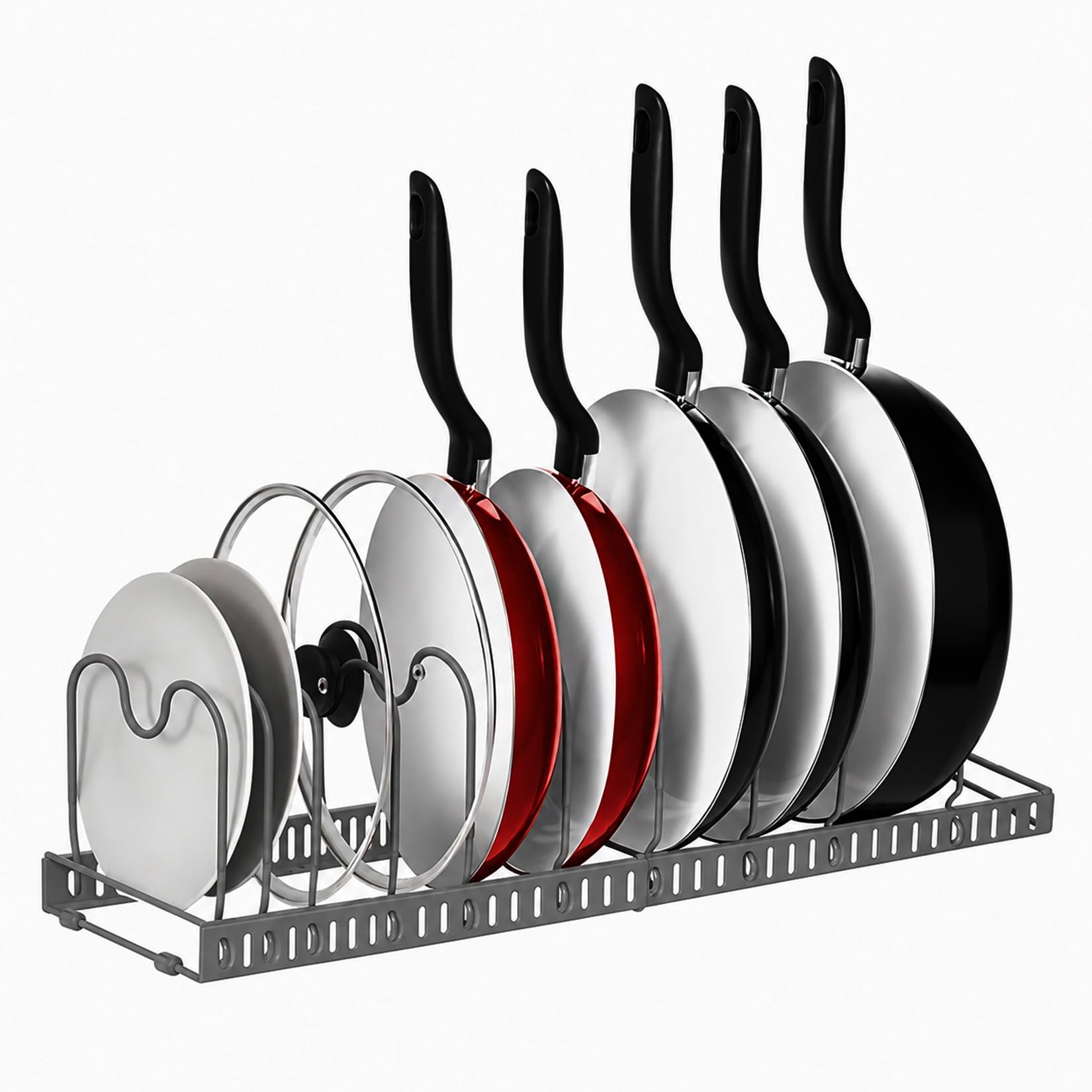 MENGCOOL Expandable Pans Organiser Rack, Pan Lid Storage with 10 Adjustable Dividers, Pot Lid Holder, Kitchen Cupboard Organiser (Grey)