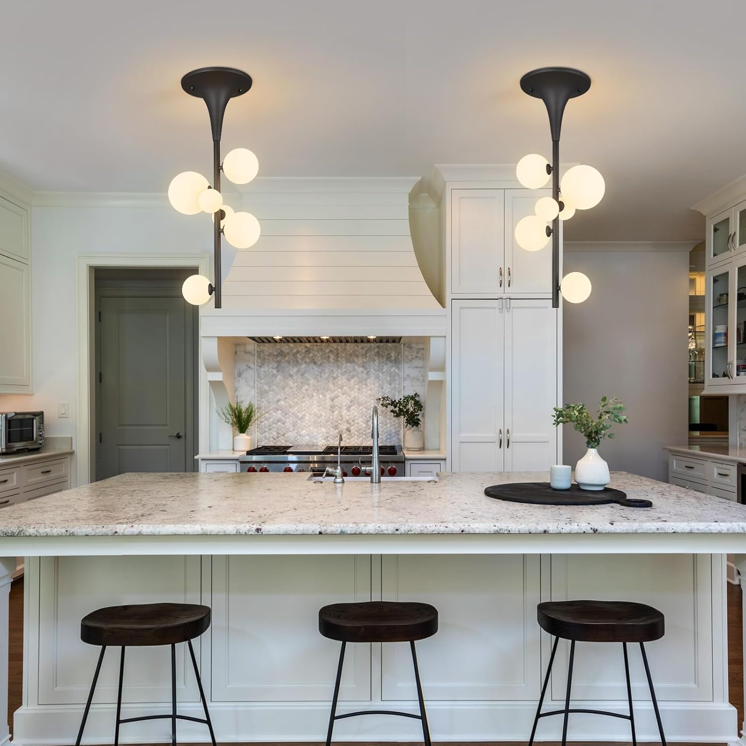 Modern Ceiling Light Black 6-Light Semi Flush Mount Ceiling Light with Milk Glass Lampshade Globe Sputnik Chandelier for Bedroom Kitchen Dining Room Living Room Hallway