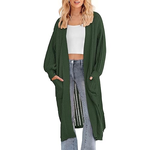 PRETTYGARDEN Women's Long Cardigan Sweaters Casual Lantern Sleeve Open Front Side Slit Cable Knit Coat Outerwear