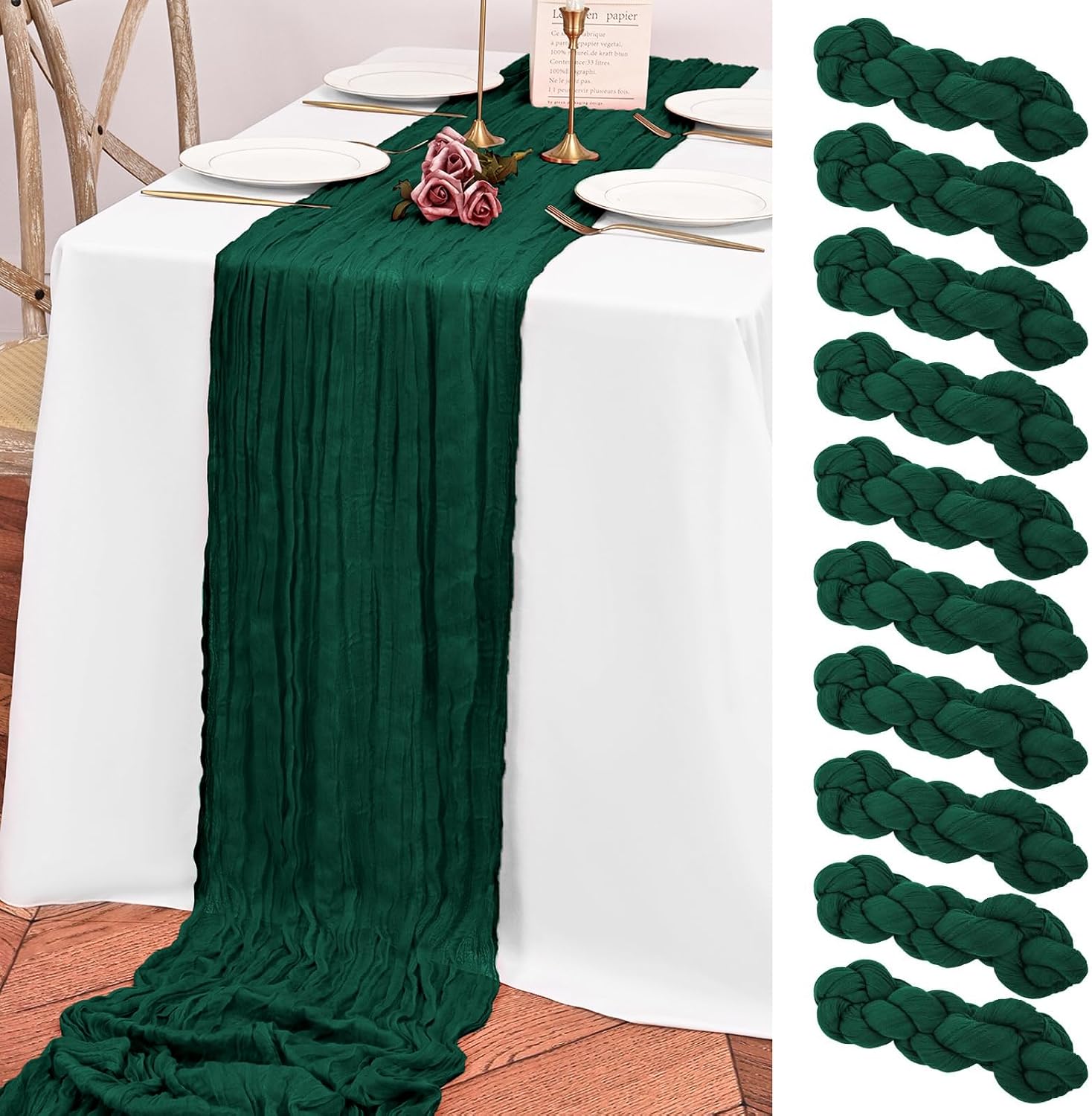 Teruntrue Emerald Green Cheesecloth Table Runner Boho Table Runner 3M 10 Pack for Birthday Party Festival Wedding Decoration Emerald Green