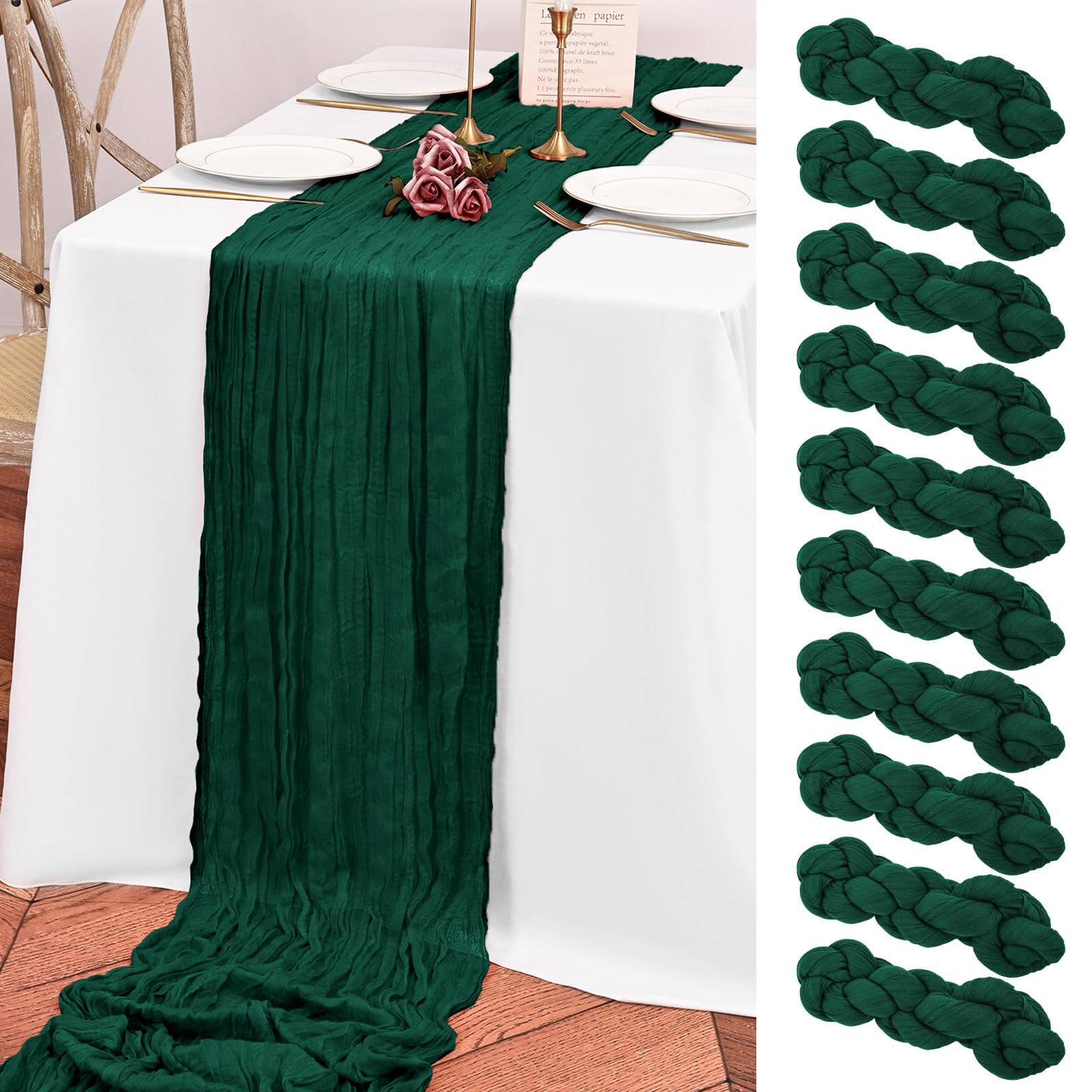 Teruntrue 10FT Emerald Green Boho Table Runner, 10 Pack Gauze Table Runner for Wedding Party Decoration — image 1