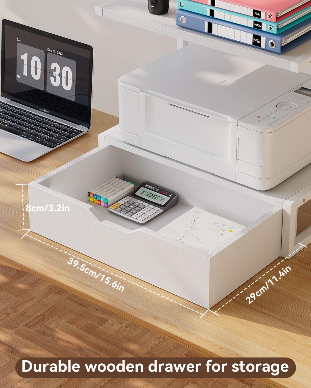 IBUYKE 2 Tier Desktop Printer Stand,Printer Table with Storage Shelf,Multi-Purpose Desk Organizer for Folders,Books,for Fax Machine, Scanner,Home Office,White TLJ015W