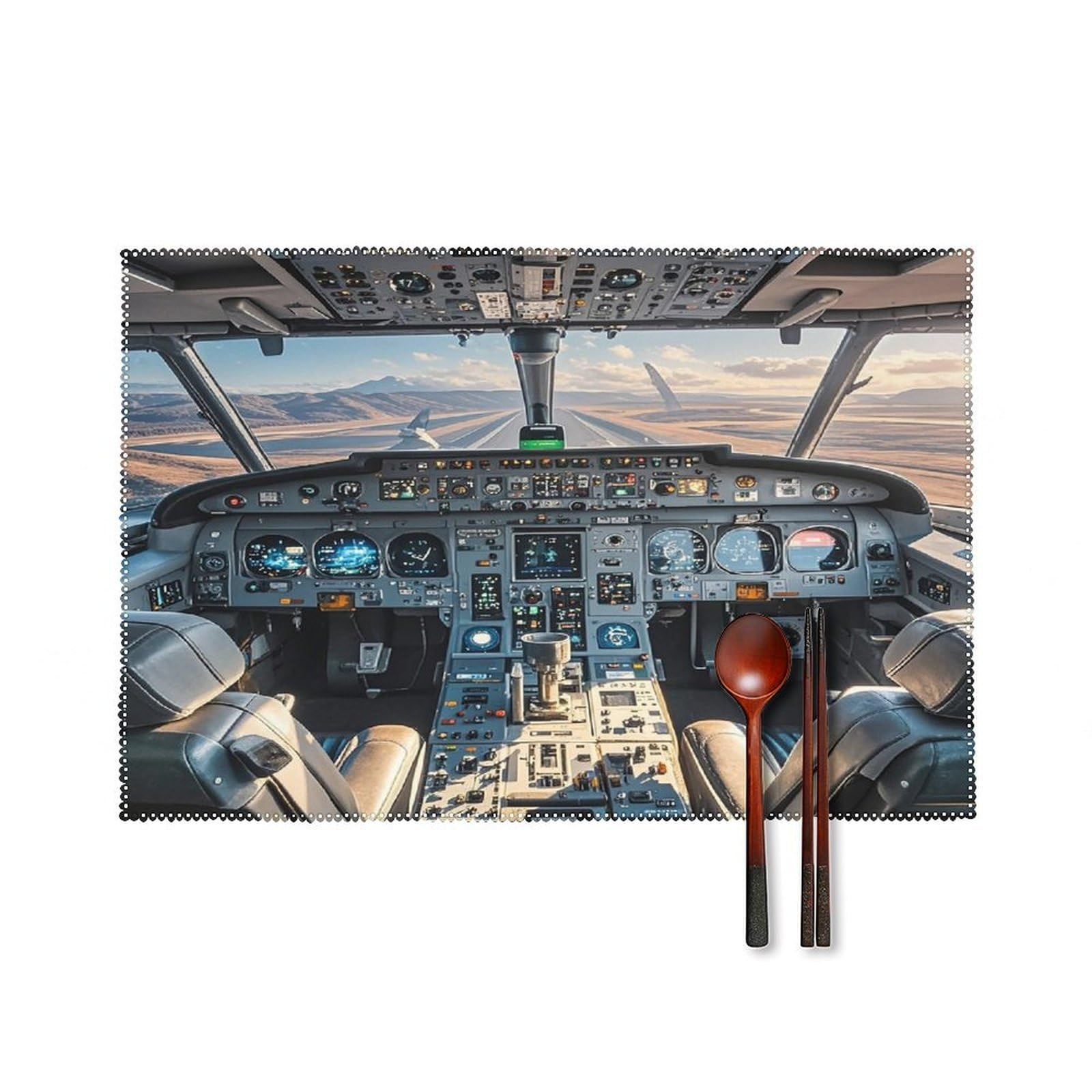 Airplane Cockpit Placemats Set of 6 Canvas Place Mats for Dining Table Square Non-Slip Table Mats Heat Resistant Washable Placemat for Kitchen Home Decor 12" X 18"