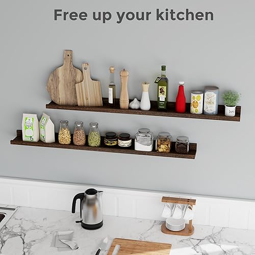 Miniatura 4 de Fun Memories Estantes para fotos con repisa de 48 pulgadas, estante flotante rústico de granja para pared con labio, estantes de exhibición de