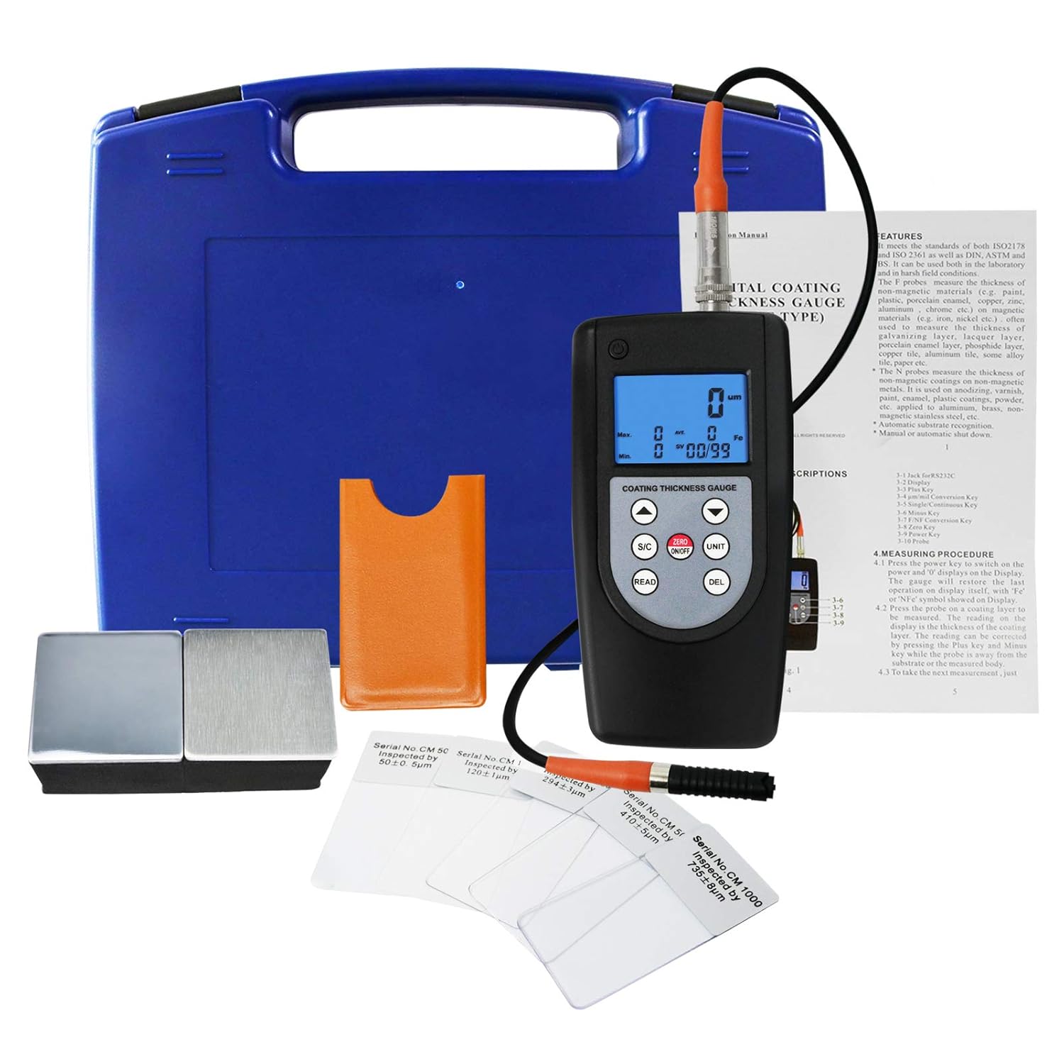 Coating Thickness Meter Gauge F & NF 99 Memories Max Min Avg, Magnetic Induction Eddy Current 0~2000μm 0~80mil Non-Magnetic Non-Conductive Material Thick Measure Tester, Substrate Auto Detection