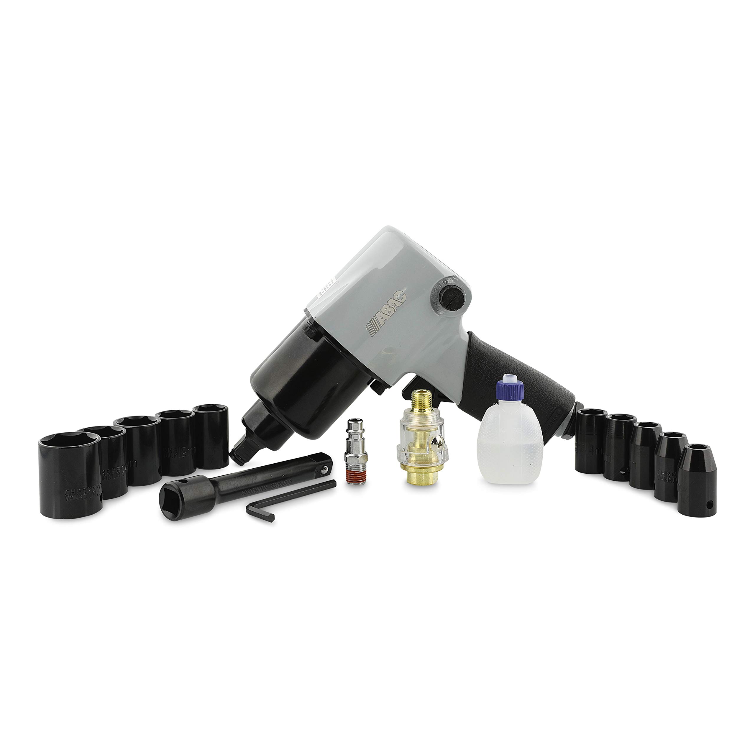 ABAC Atornilladore de Impacto Neumática 1⁄2" G-102 - Maletín de plástico con accesorios (tomas + barra de extensión 100mm + mini engrasador + botella de aceite vacía) - Par: 500 Nm