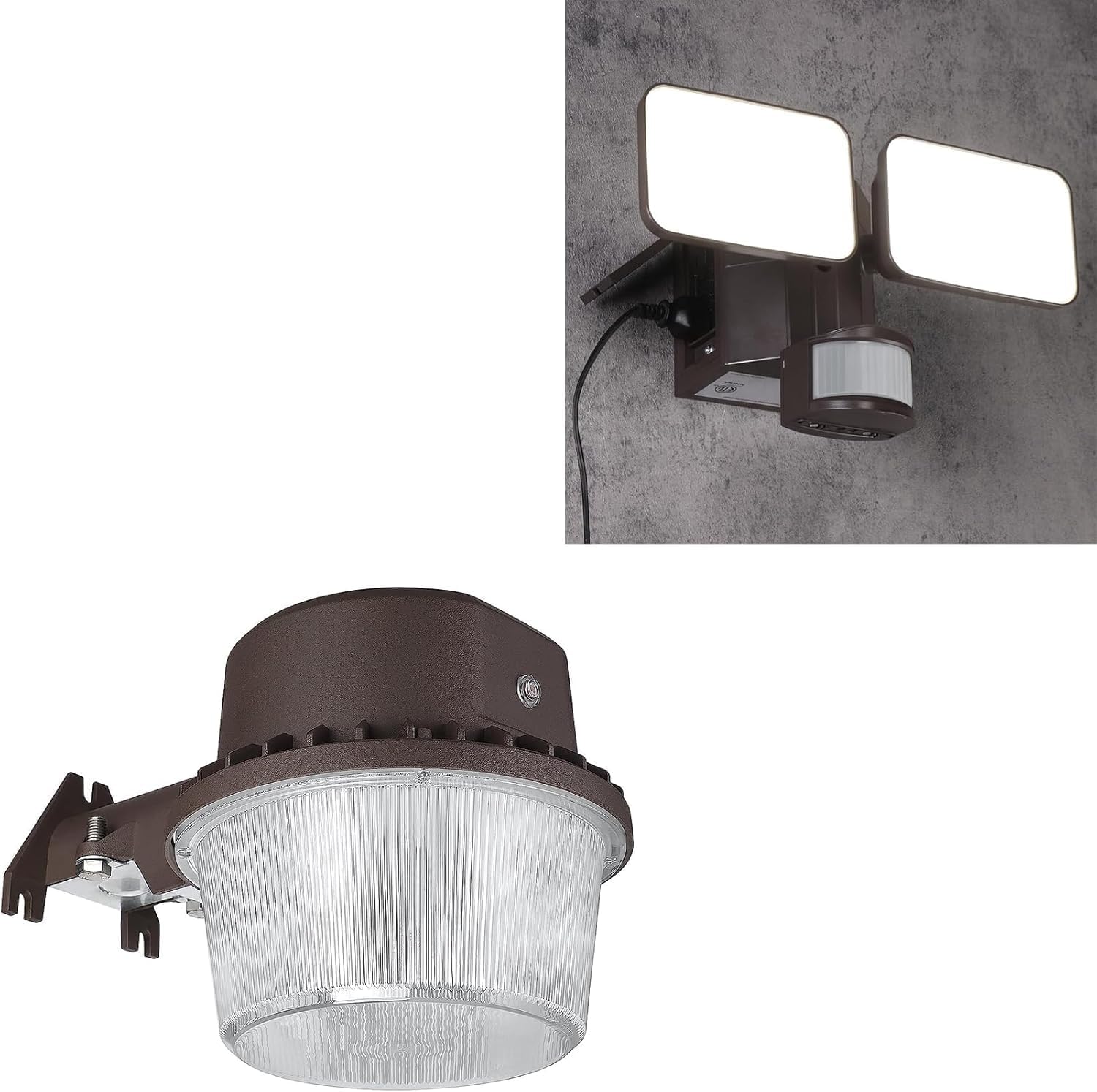 TORCHSTAR Barn Light Bundle LEONLITE Security Light, 1-Pack Dusk to Dawn Area Lights with Photocell, 110-277V, 5000K, Bronze & 1-Pack LED Security Light with GFCI Outlets, Motion Sensor, 5000K, Bronze