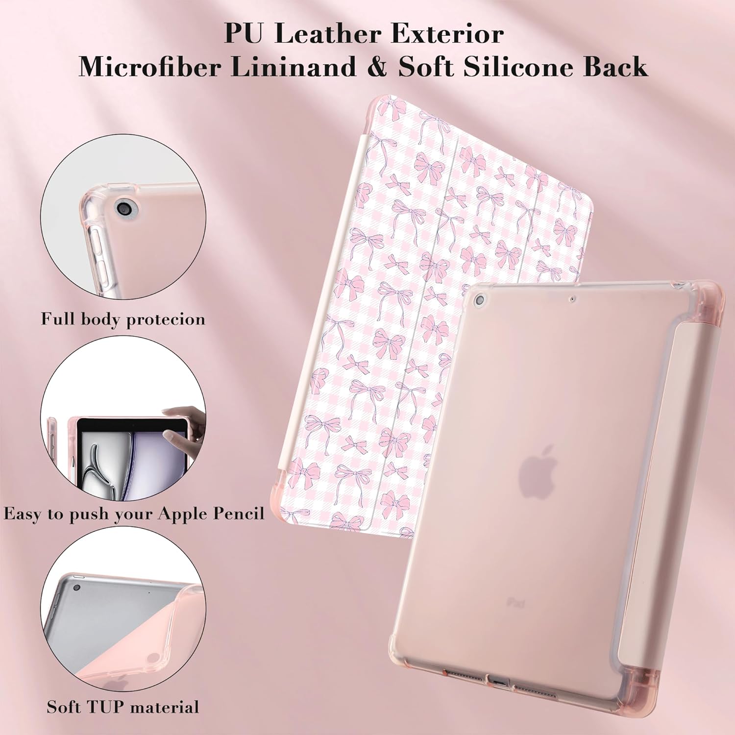 Idocolors Cute Kawaii Pink Bows Pad Case for 10.9 Inch iPad 2022/2025(iPad 10th/11th Gen), Clear TPU Smart Stand Back Cover with Pencil Holder, Auto Wake/Sleep Case for Women Girls