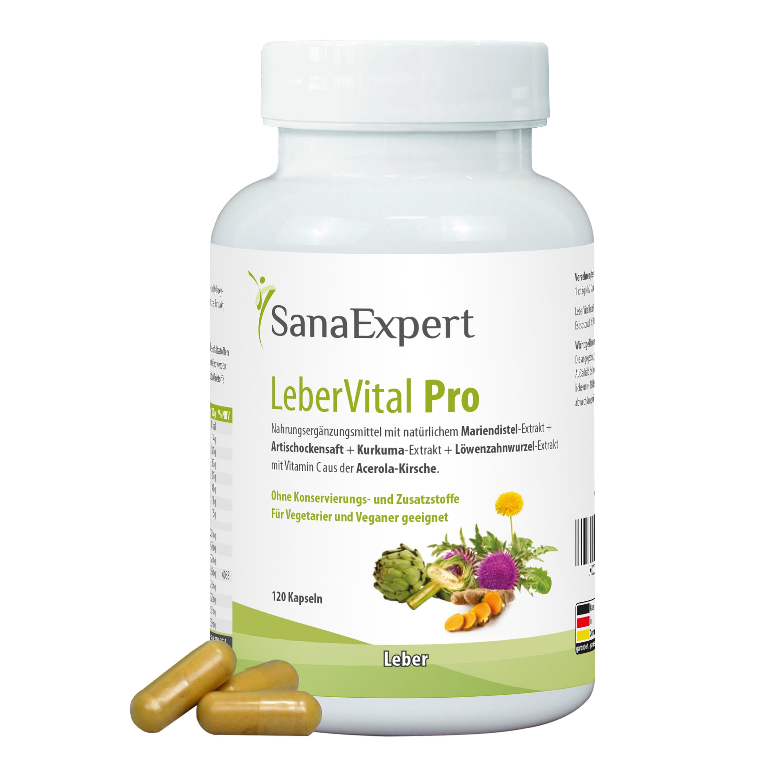 SanaExpert® LeberVital Pro – Pflanzlicher Leberkomplex mit Mariendistel, Artischockenextrakt, Kurkuma, Löwenzahn & Acerola Vitamin C – 120 Kapseln für Leberreinigung & Entgiftung, Made in Germany