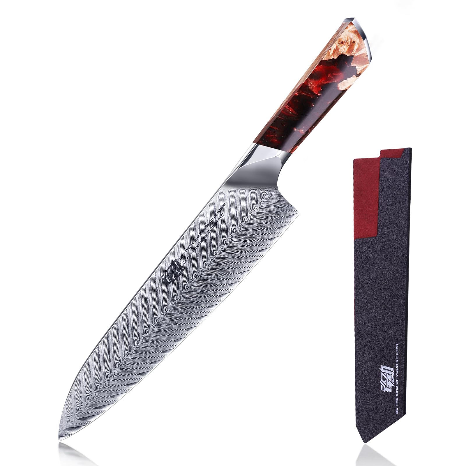 FINDKING Nebula Series Chef Knife with ABS Sheath, Multipurpose Japanese Gyuto Knife, 10Cr15CoMov Damascus Steel Blade, Resin and Figured Sycamore wood Handle, Full Tang, 8 Inch, Blue, for Meat — Amazon image 11