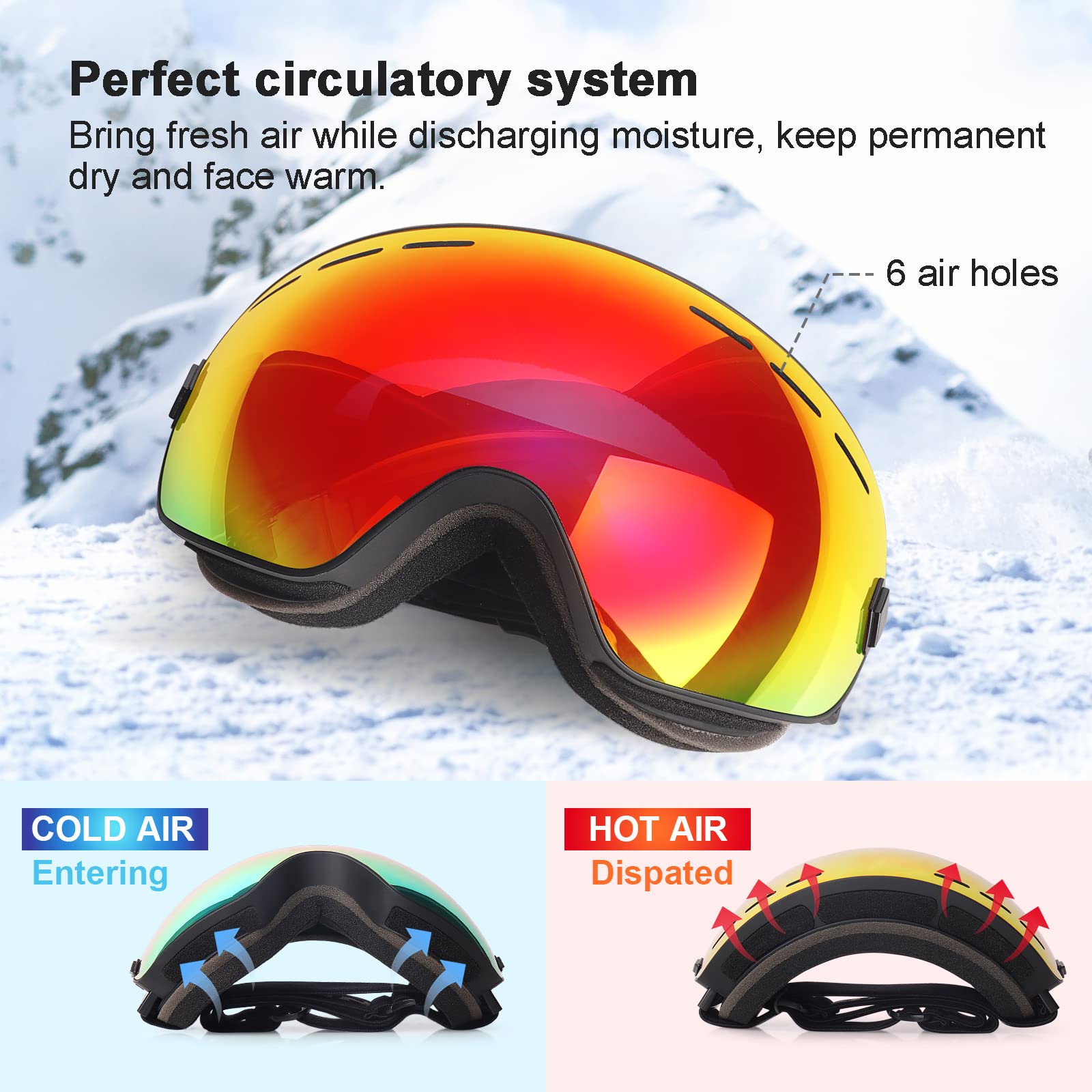 EXP VISION Lunettes de ski et de planche à neige pour hommes, femmes, jeunes, anti-buée, OTG - Verres sphériques amovibles