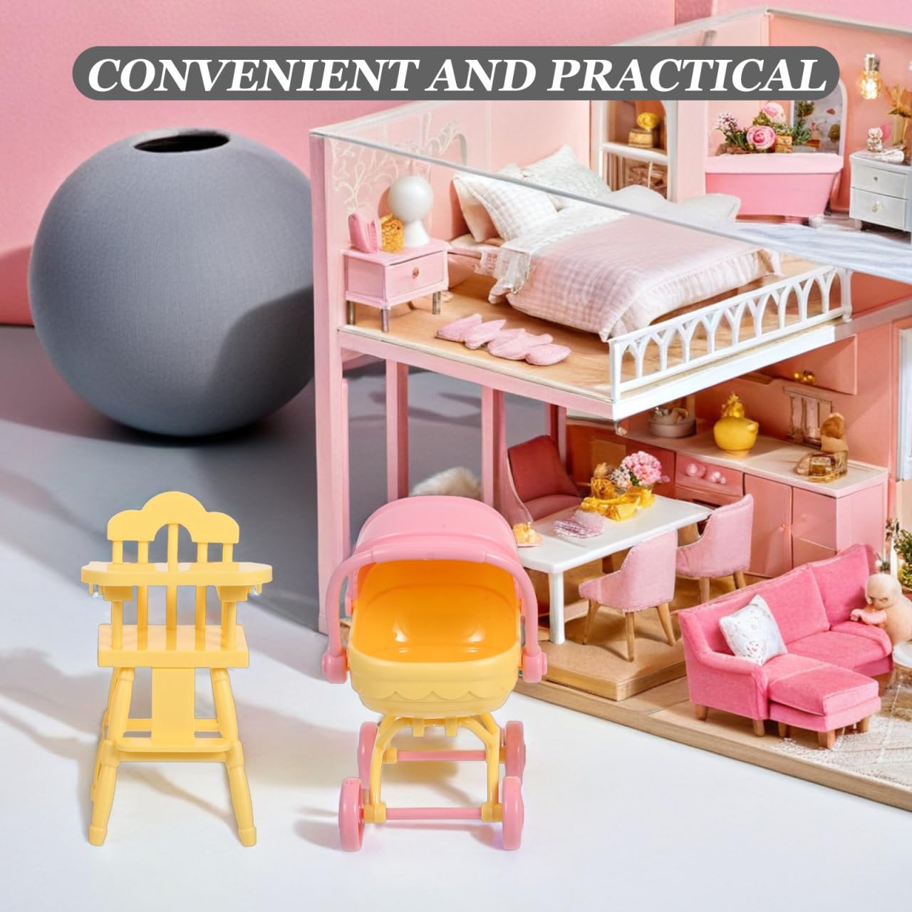 JOINPAYA Miniature Doll Accessories with Realistic Stroller and Highchair Compact Pretend Play Nursery Furniture for Dollhouses Space Saving Design for Imaginative Play - Image 4