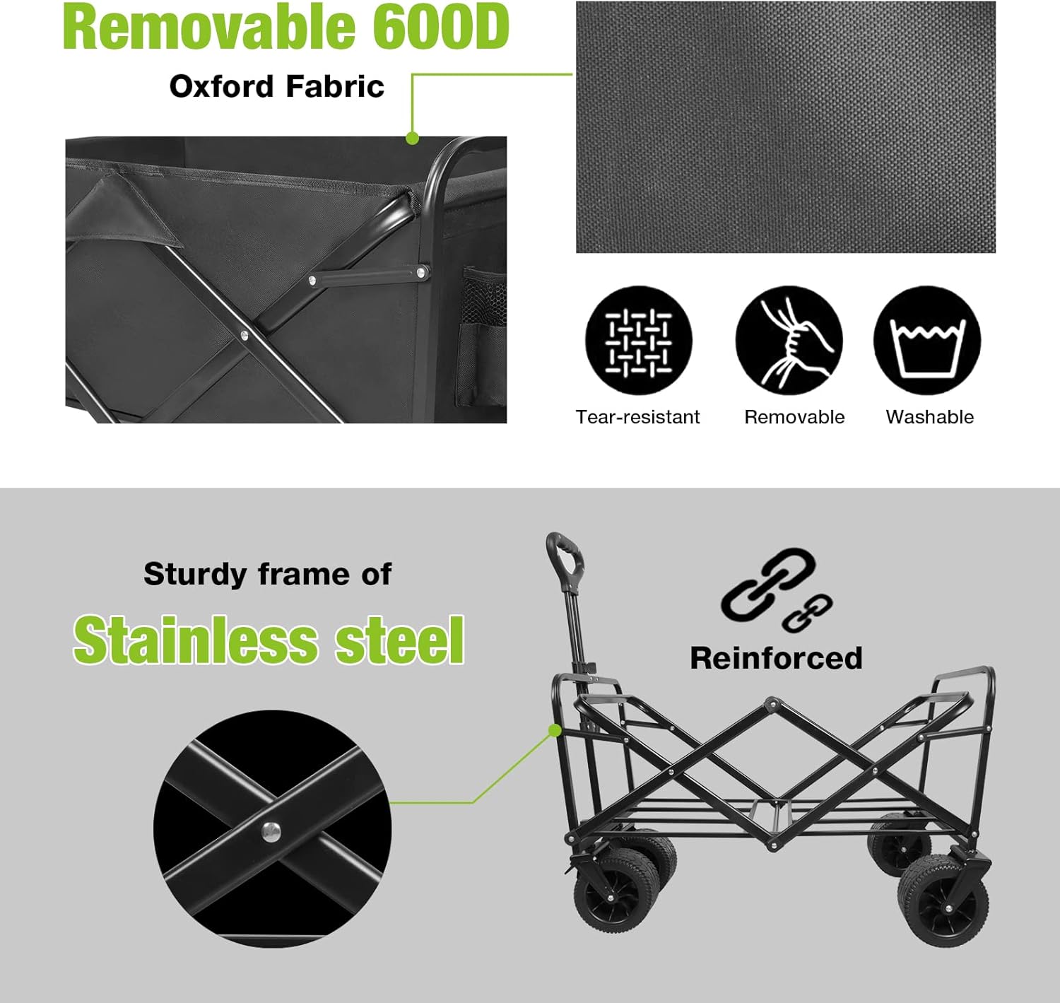 Folding Wagon Carts With Adjustable Handle/collapsible Beach Wagon with Big Wheels for Sand, 220lbs Capacity, Black,TRP1008