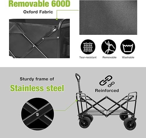 Miniatura 7 de Carro de playa plegable con ruedas grandes todo terreno para arena, carros plegables resistentes con mango ajustable para exteriores, jardín,