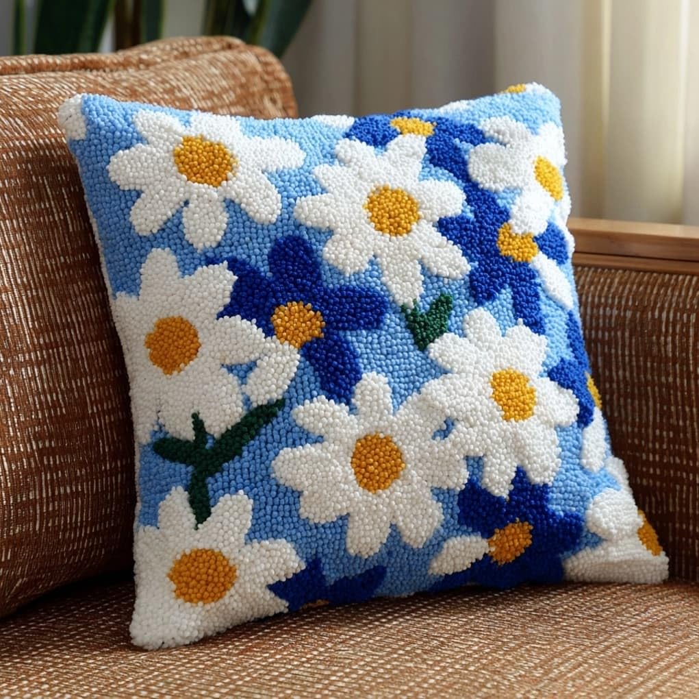 AxiangziK 43x43cm Latch Hook Pillow Kit,Blue Daisies
