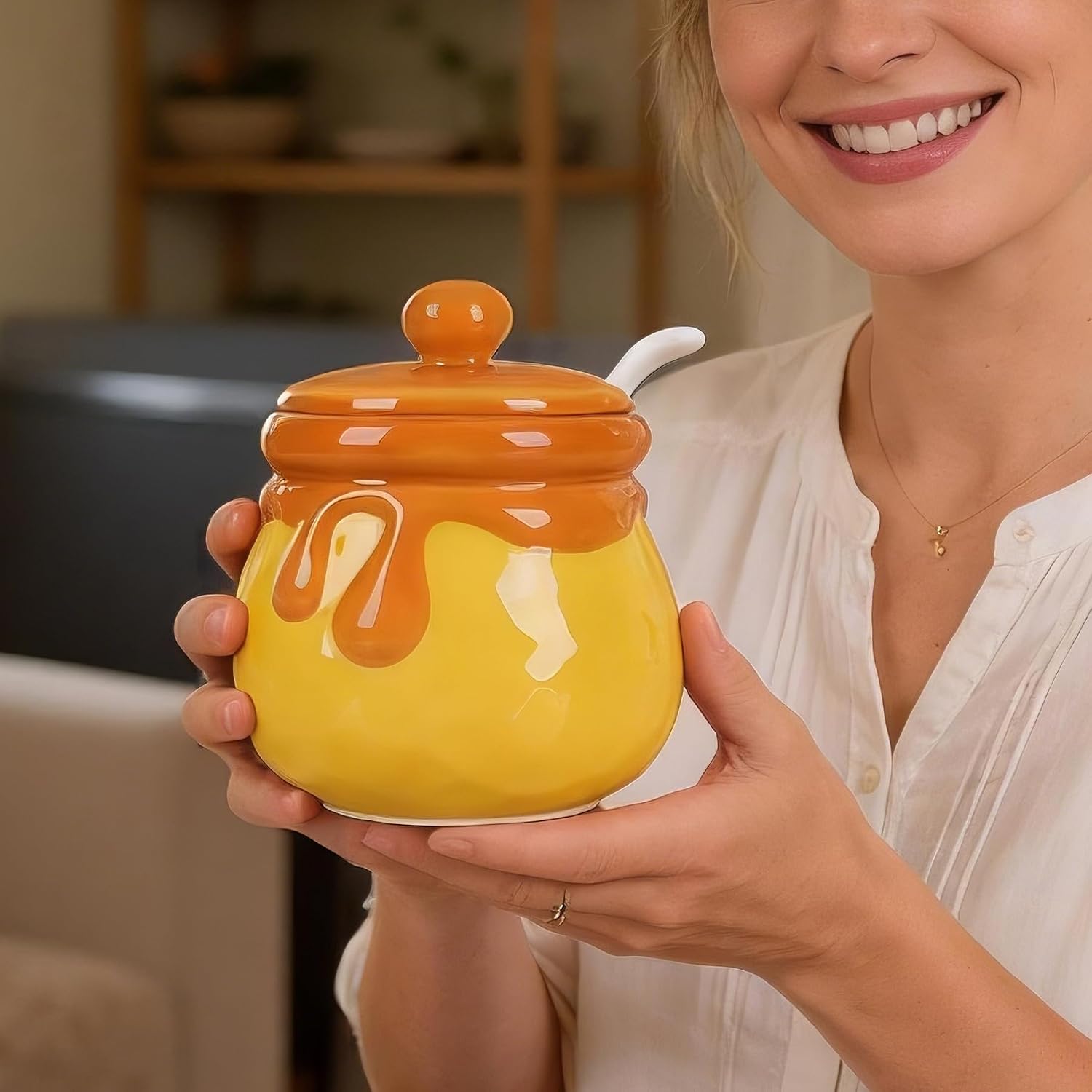 Ceramic Sugar Bowl with Lid & Spoon - 22 oz Large Sugar Jar for Honey,Sugar Storage | Coffee Bar & Countertop Farmhouse Decor