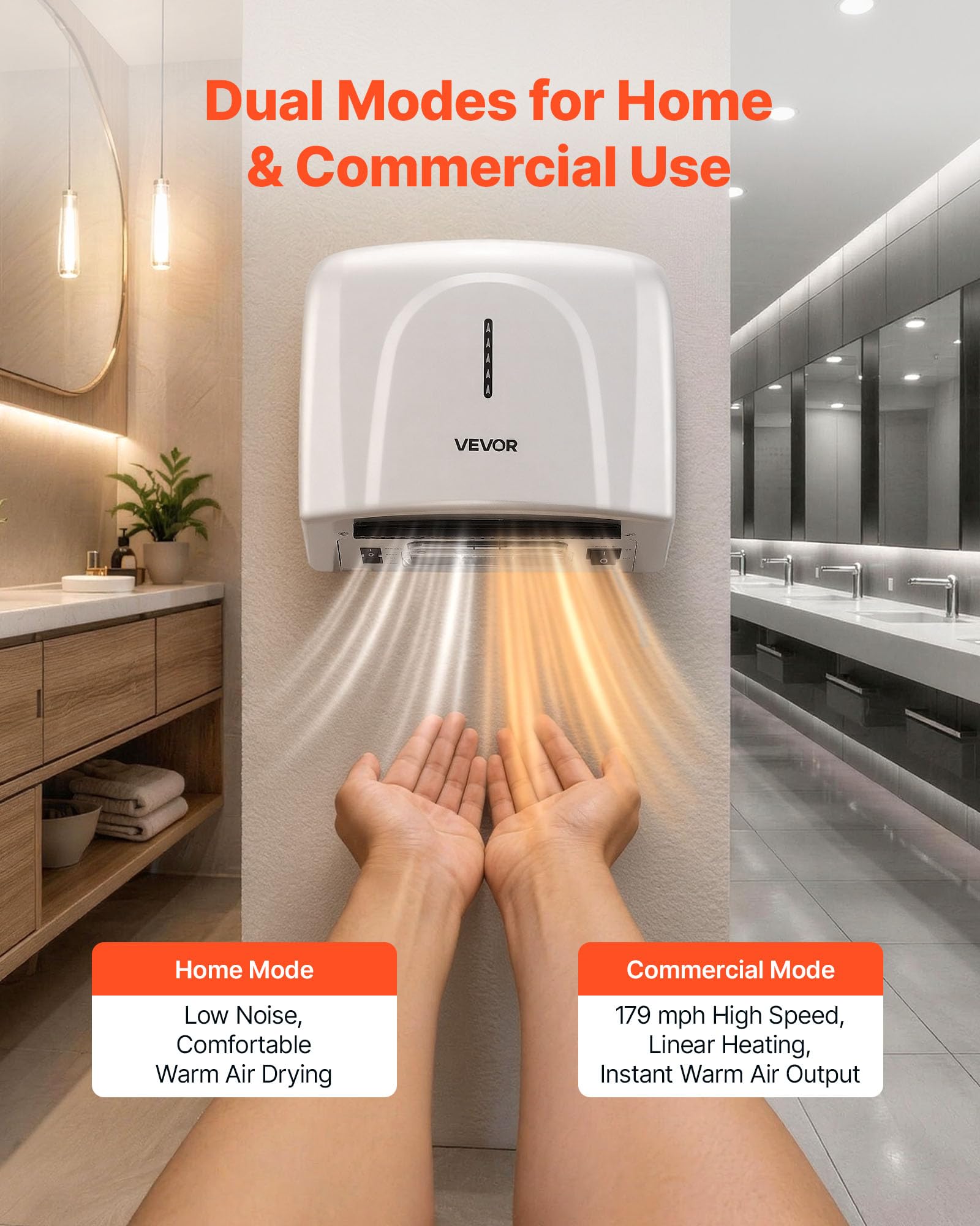 VEVOR Secador de Manos Automático de Velocidad 1300 W con Filtro HEPA | Secador de Manos de Aire Acero Inoxidable, Montaje en Pared para Baños Hoteles Aeropuertos Oficinas Hospitales Uso Comercial