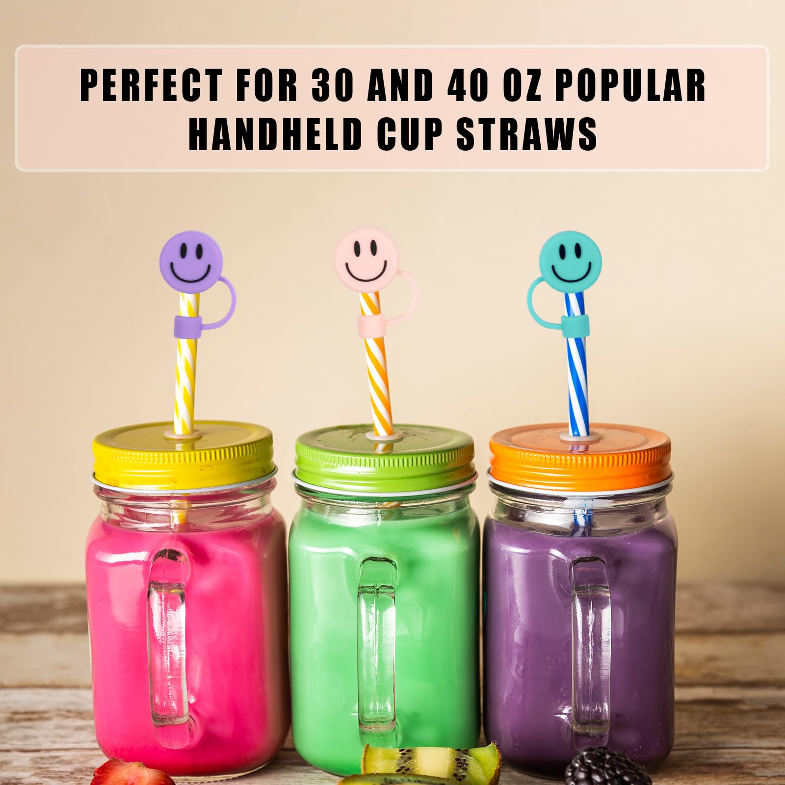 Cute Smiling Straw Covers - Pink Purple Green -7