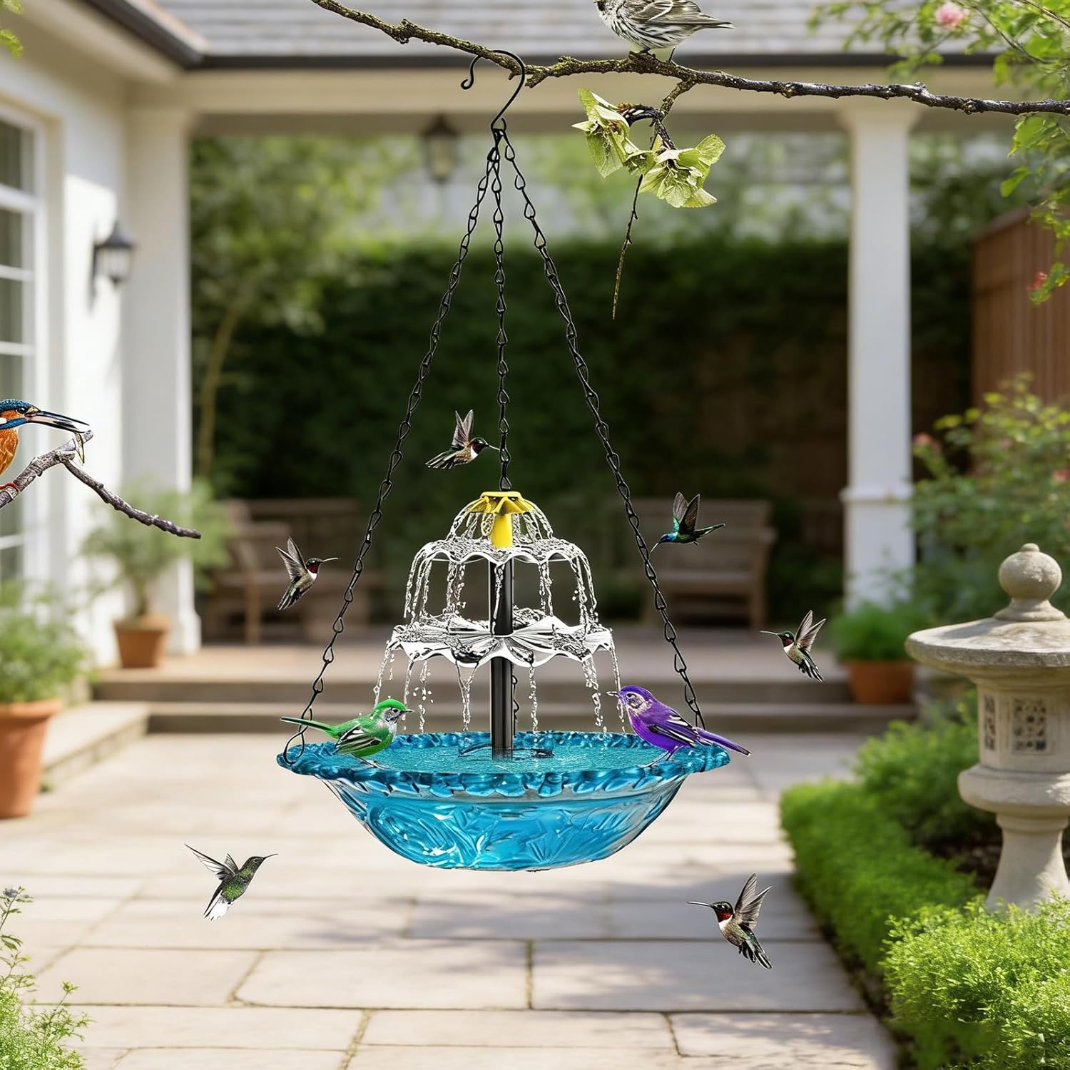 Solar Cascading Water Fountain, Cascading Bird Bath Fountains Solar Power, Solar Cascade Hanging Bird Bath Fountain, Hanging Birdbath with Solar Fountain for Outdoor Garden Decor (B-Blue)