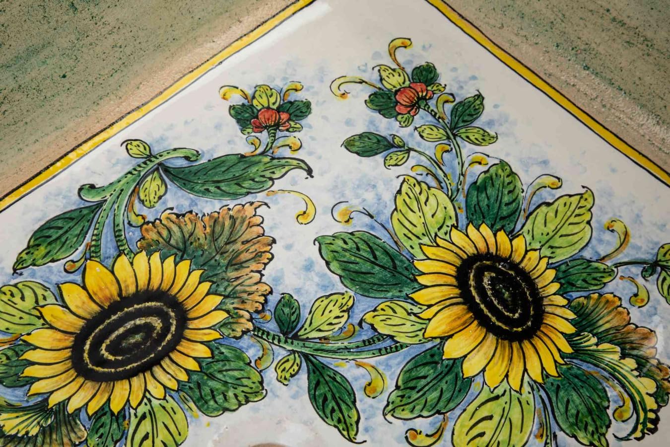 Fregadero de cocina de cerámica siciliana de Italia Radura di girasoli – Fregadero de cocina rectangular empotrado, fregadero de cocina italiano en cerámica siciliana de colores | Fregadero italiano