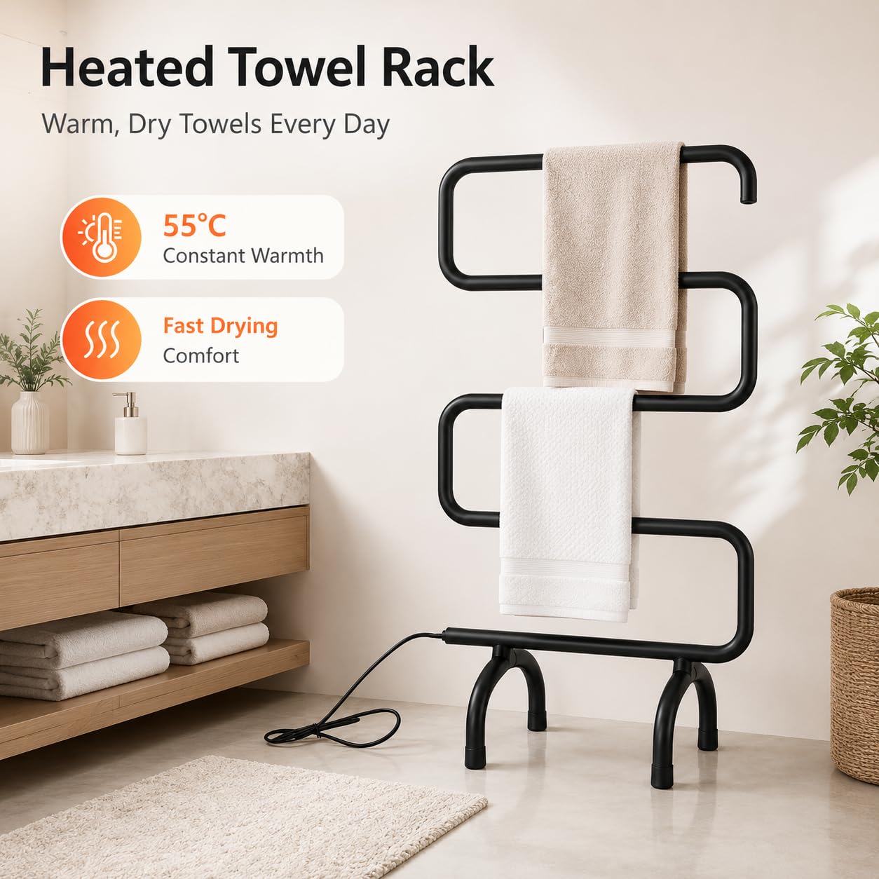 Toallero con calefacción, toallero eléctrico Independiente para baño, Acero Inoxidable, Temperatura Constante de 55 ℃ Black