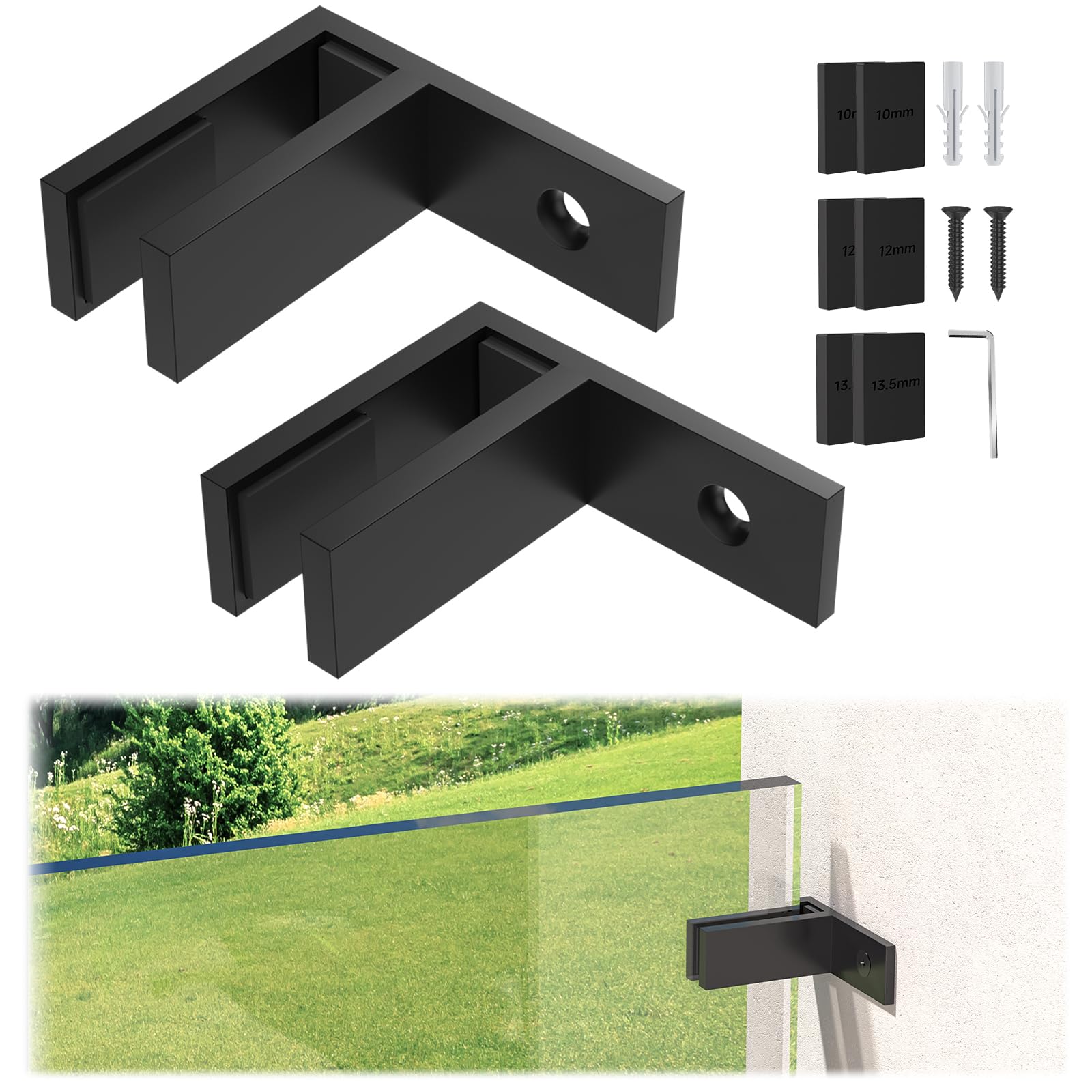 2 Pack Matte Black Wall to Glass Clamp 90 Degrees Glass Railing Clamp Fit for 3/8"-1/2"(10mm-13mm) Thinkness Balustrade, F Shape T304 Railing Clips for Fence, Balcony Deck, Indoor & Outdoor