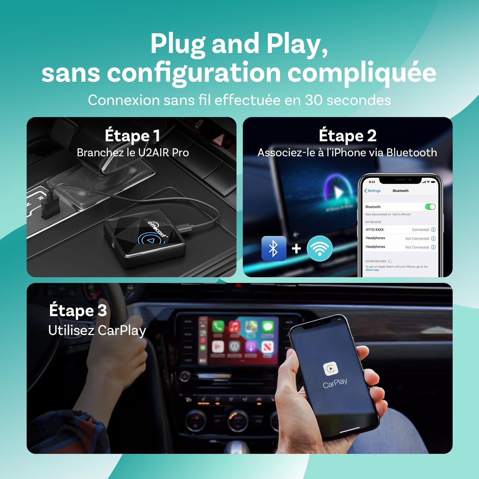 OTTOCAST U2Air Pro Adaptateur CarPlay sans Fil, Connexion Bluetooth & Wi-FI sans Couture, Compatible avec iOS 11+, Fonctionne avec Les Véhicules CarPlay Câblés à Partir de 2016