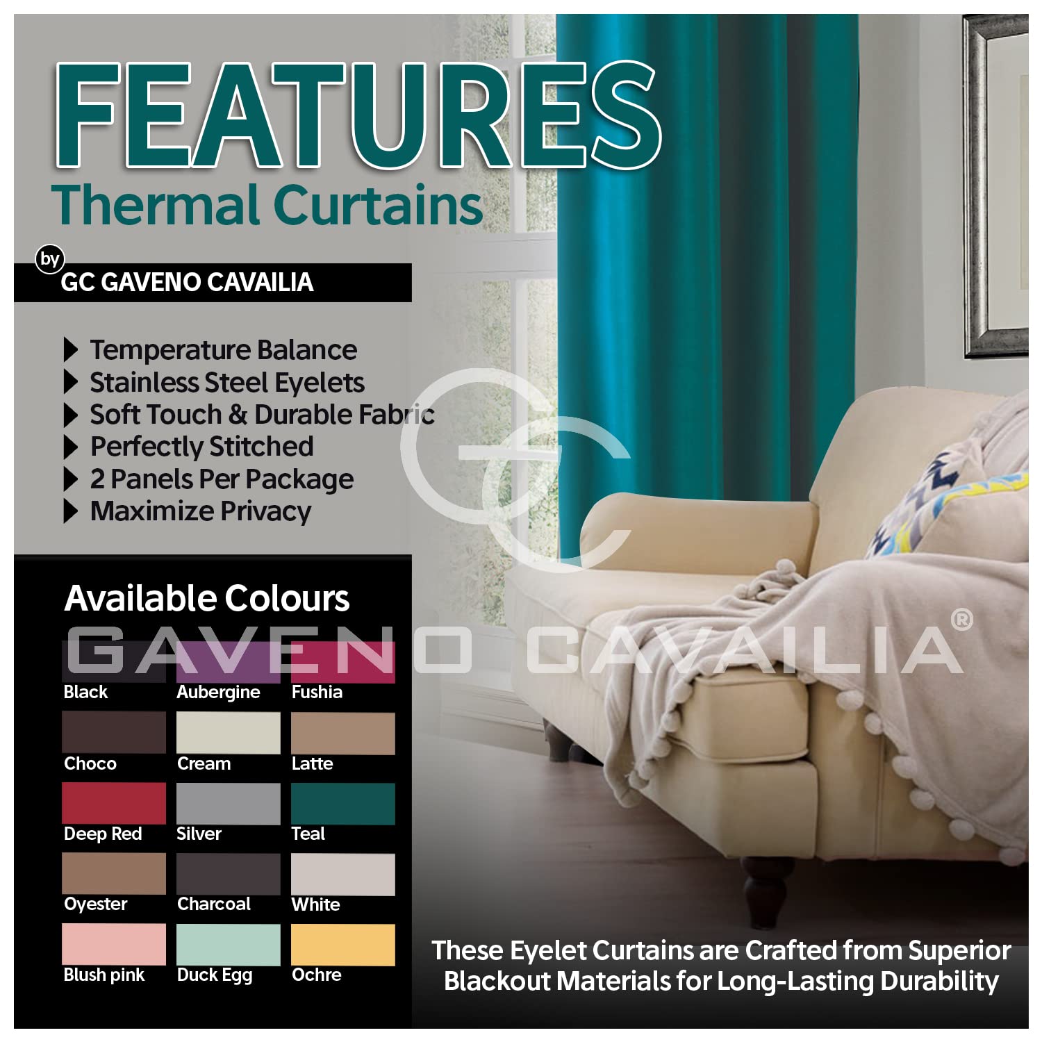 GC GAVENO CAVAILIA Eyelet Top Blackout Curtains Large Door Thermal Insulated Panels For Bedroom/Living Room, Dark Teal, 66X90 Inch - Image 3