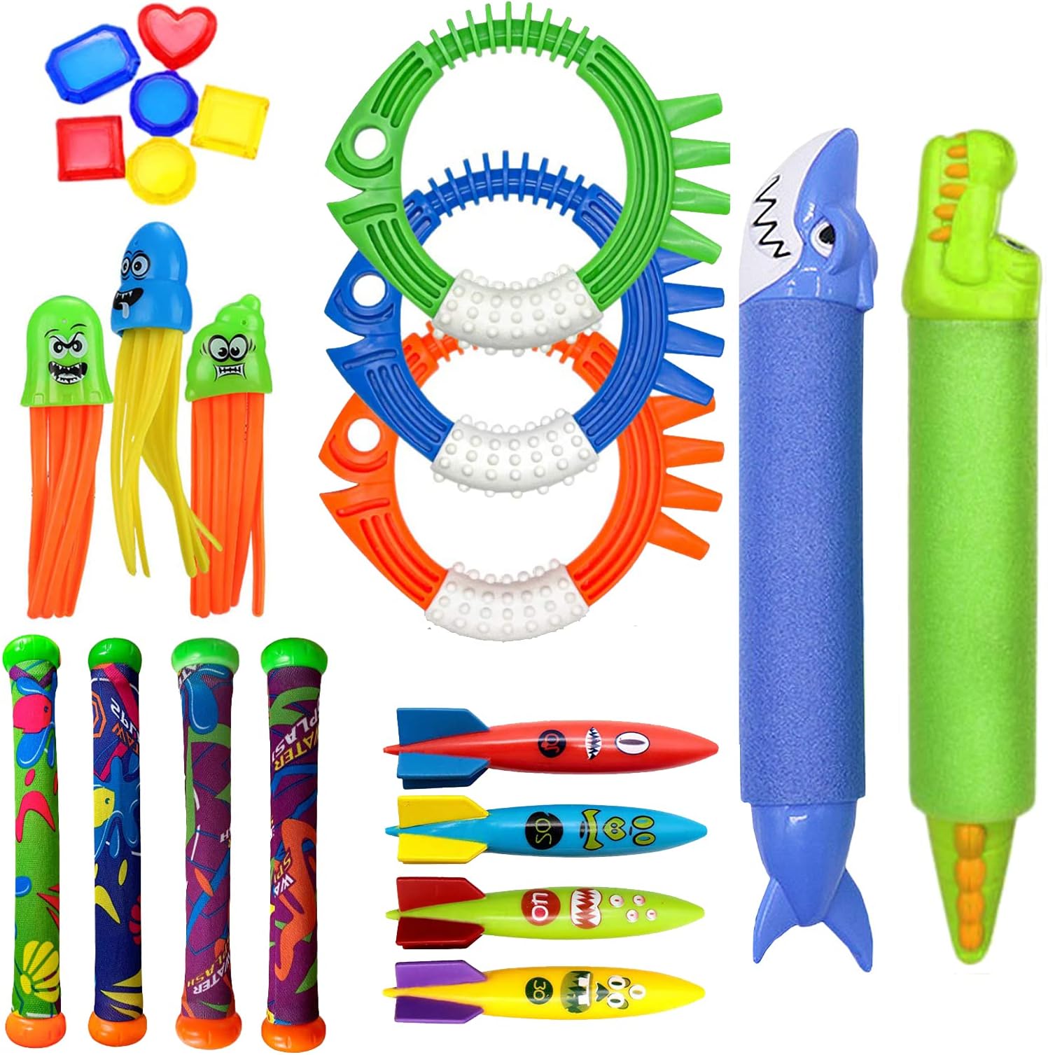 BOSHIYA -Diving Toys, Pool Swimming Toys with Water Gun, 22 PCS Underwater Toys for Kids &Teens & Adults & Girls & Boys &Children Outdoor Gift Pool Toys in Summer&Pool Party Under Water Treasures Gift