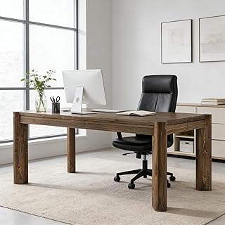 63" Solid Wood Executive Desk, Farmhouse Home Office Computer Desk,Large Simple Study Writing Table Business Workstation for Office, Wood Legs, Vintage Brown