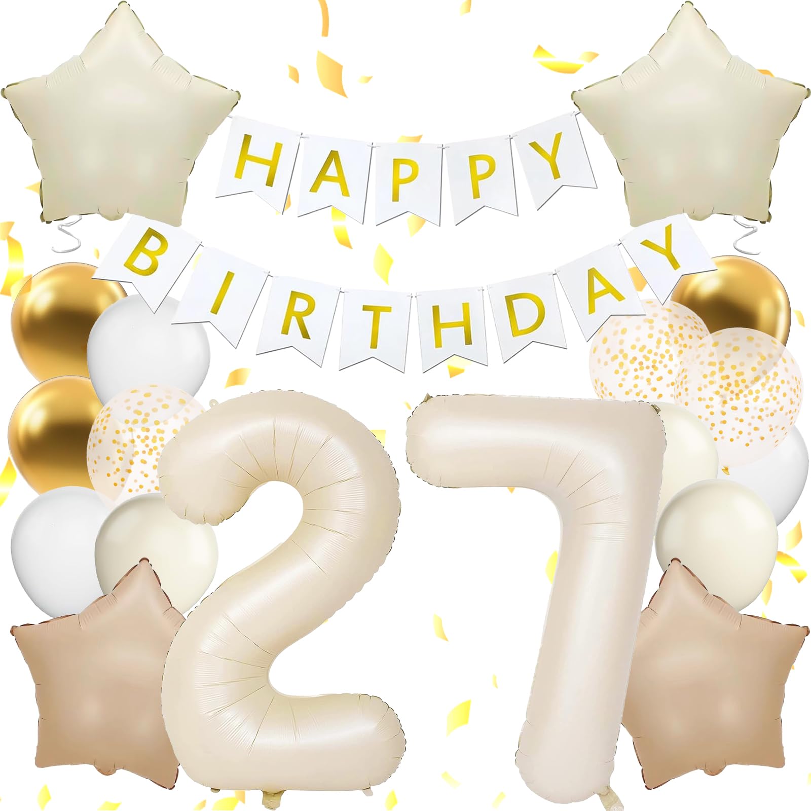 Happy 27th Birthday Decorations For Women, White Happy Birthday Banner, Beige 27 Balloon Numbers 40 Inch, 27th Birthday Balloons For White And Gold