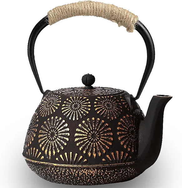 Japanese Tetsubin Cast Iron Teapot, 40oz (1200ml) Enamel-Coated Stovetop Kettle with Stainless Steel Infuser & Heat-Resistant Handle, Traditional Iron Pot for Tea Ceremony (Black Gold)