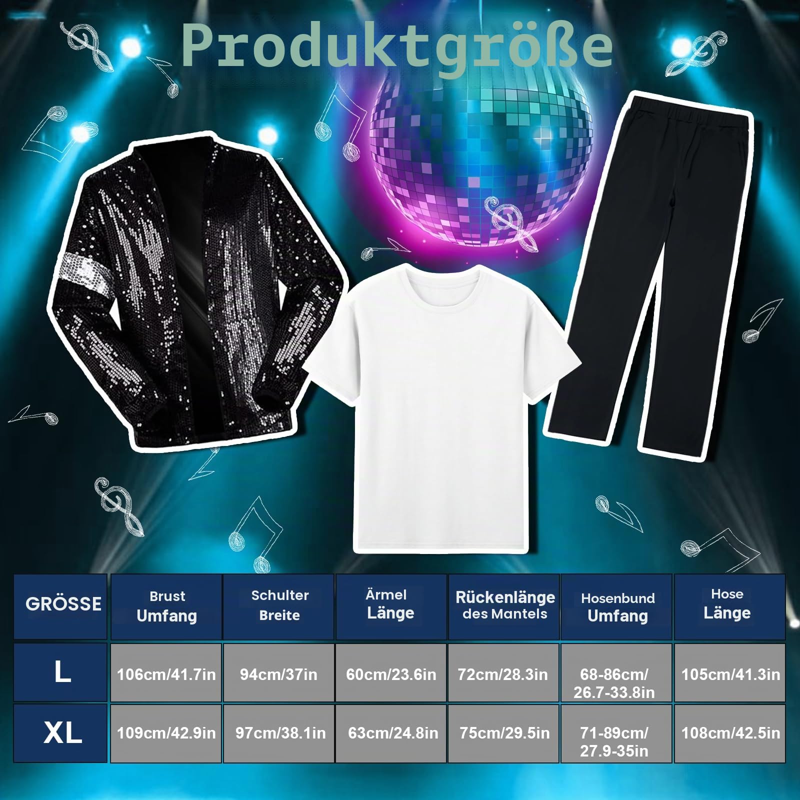 Erwachsenenkostüm King of Pop, 80er Jahre Tänzerin Rocker Star Cosplay Verkleidung Kostüm Zubehör mit Jazz Pailletten Hut Jacke Top Hose Handschuhe Socke Krawatte King of Pop für Halloween Karneval 80