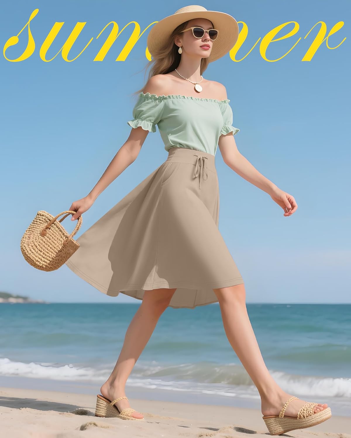 Neer 3 Pack Women's Knee Length Midi Skirts, Flowy Flared High Waisted A-Line Casual Drawstring Summer Skirts with Pockets - Image 2