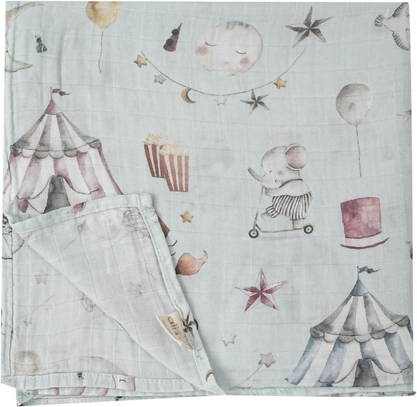 Ali+Oli Muslin Swaddle Blanket for Baby (Circus) Large 47" x 47" Soft Rayon Made from Bamboo & Organic Cotton, Machine Washable Receiving Blanket Wrap for Newborn to Toddler