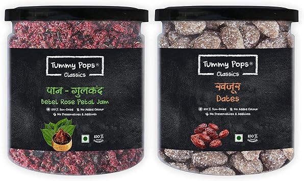 Herbs & Us Tummy Pops Mukhwas Mouth Freshener Meetha Paan Gulkand - 300gm & Khajur Dates - 275gm Jar | Digestives/Churan/Goli | Mukhwas Packets