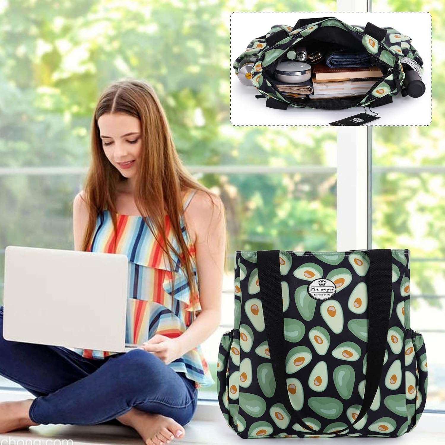 HUA ANGEL Floral Tote Bag - Casual Shoulder Bag Daily Tote Bag with Zipper Gym Travel Shopping Work Handbag for Women - Image 2