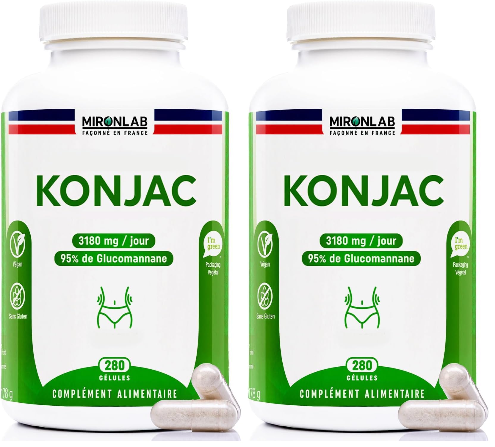Konjac Pur 3180 mg/j - 280 Gélules – 45Jours - 95% Glucomannane - Laboratoire Français MironLab (Lot de 2)