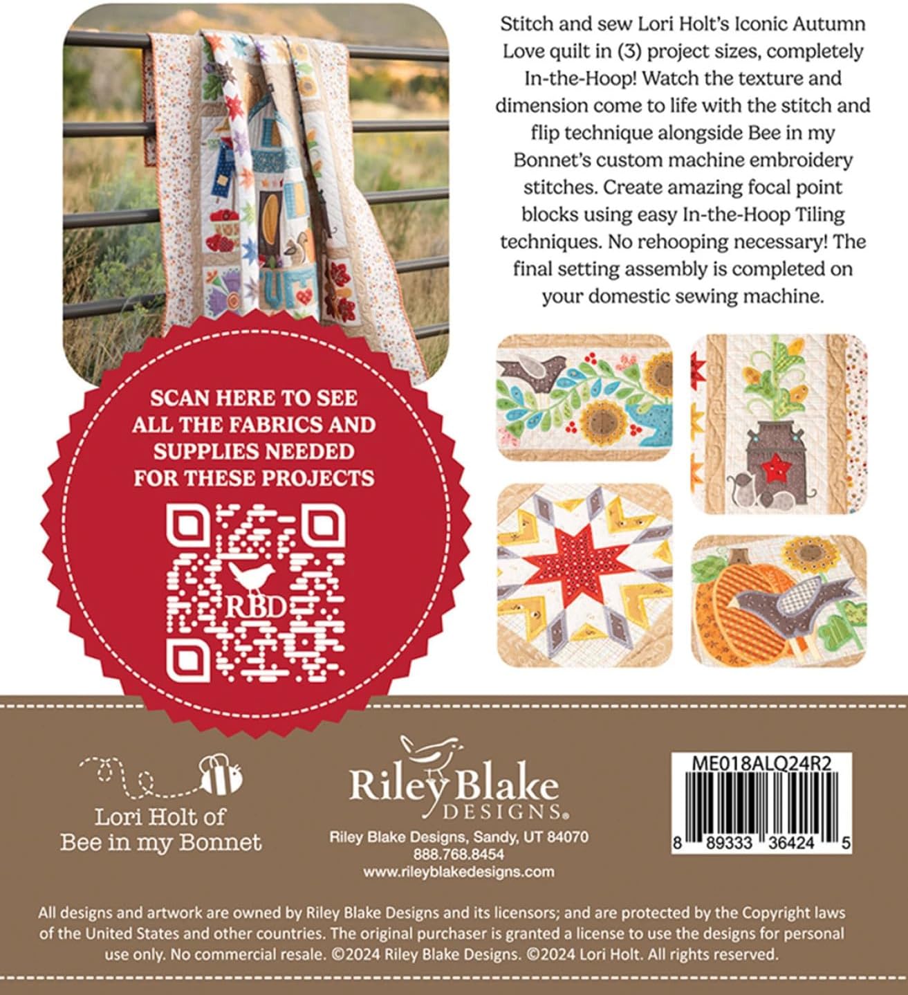 Lori Holt Autumn Love Quilt – in-The-Hoop Machine Embroidery Project – 3 Quilt Sizes Included – Stitch & Flip Technique + Embossing Details – Formats: DST, EXP, HUS, JEF, PES, VIP, VP3, XXX