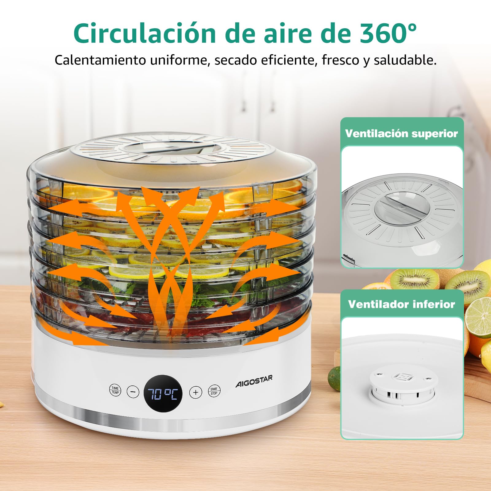 Aigostar Déshydrateur Alimentaire, Écran LED, 5 Plateaux sans BPA, Minuterie de 48 h, Déshydrateur avec Mode "FAN" et Température Réglable de 35 à 70°C, Silencieux, Livre de Recettes Inclus, 380 W