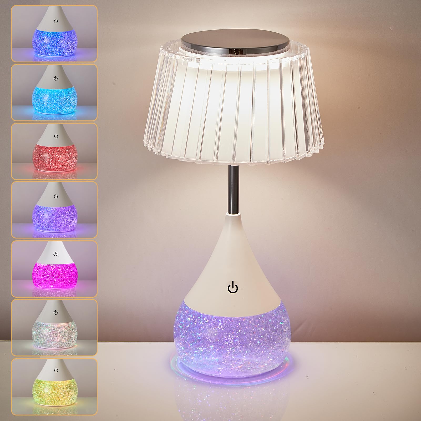 Harper Living Unisex White Rgb Table Lamp, Water Base 7-Colour Changing, Touch Control, Pleated In