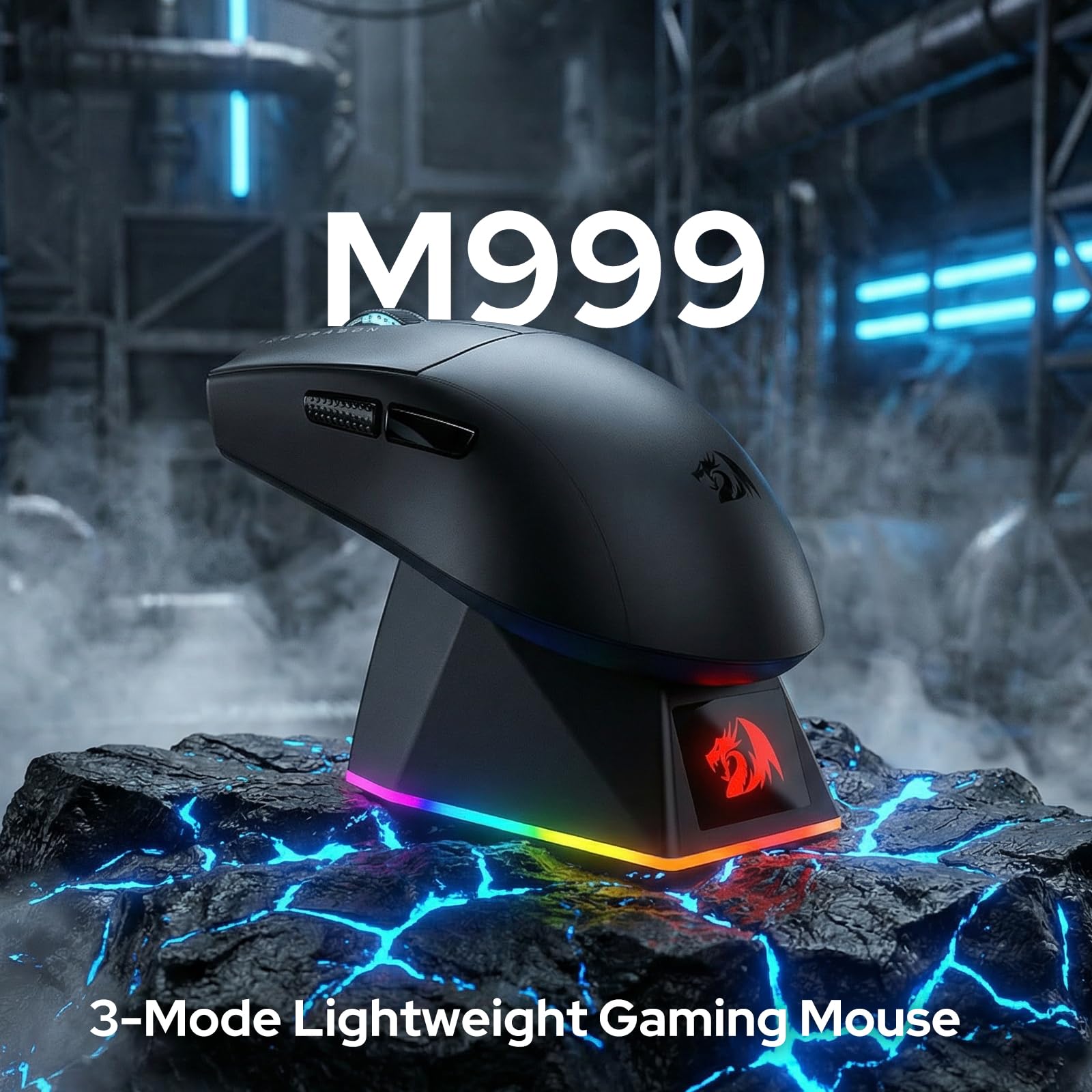 Redragon M999 Gaming Mouse, 2.4GHz/BT/Wired, Nero, Base di Ricarica