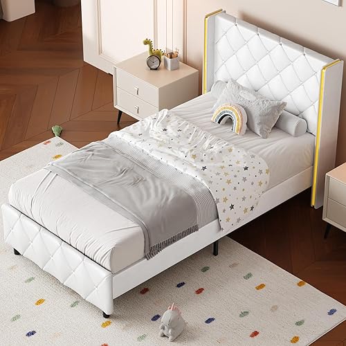 Miniatura 8 de Base de cama individual con cabecero, marco de cama individual con diseño capitonado de diamante, cama de plataforma tapizada con respaldo de alas,