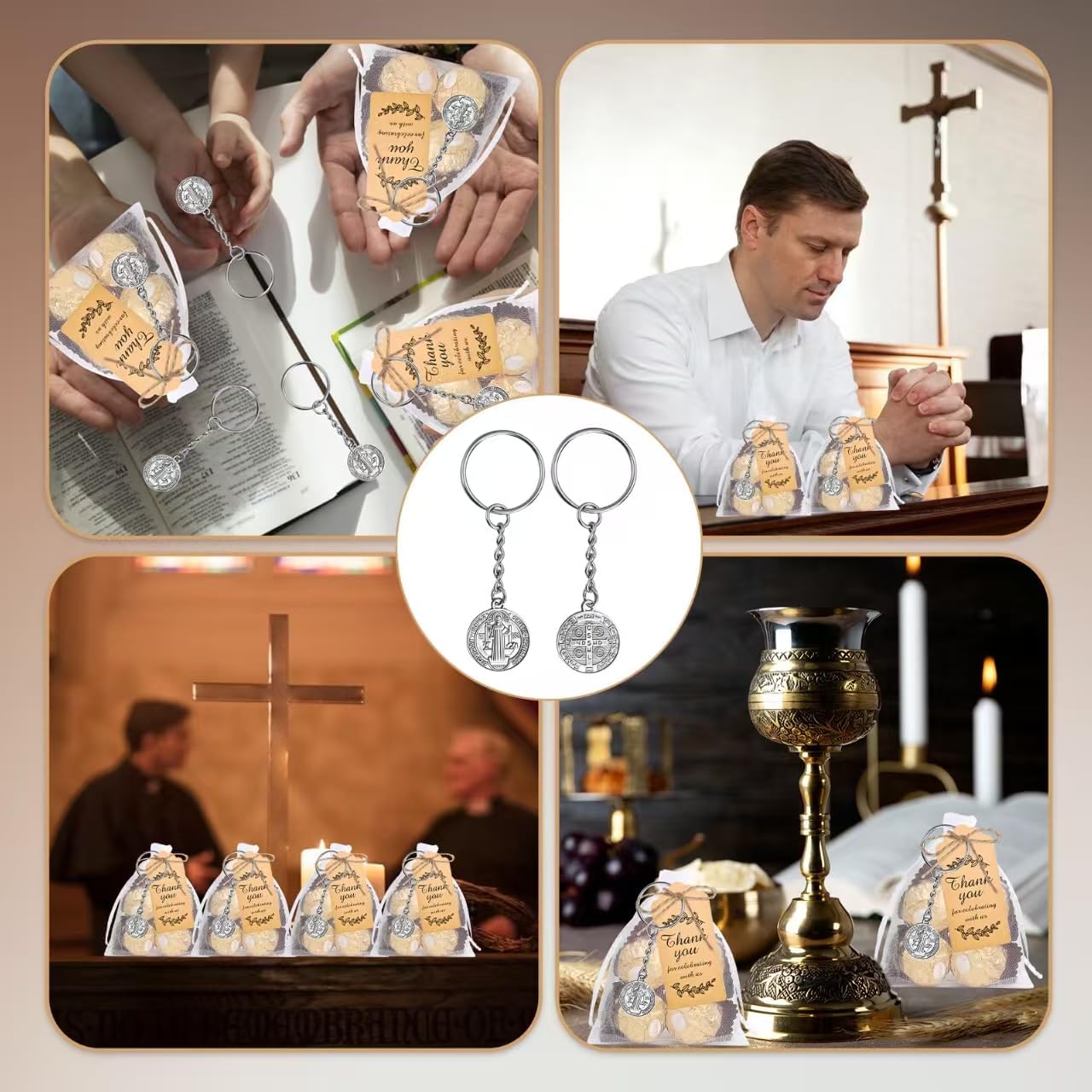 50Pcs St Benedict Medal Keychain, Cross Protection Saint Pendant with Organza Bags Kraft Tag Jute Rope Pocket Prayer Medal Catholic Baptism Charms Religious Amulet Gift